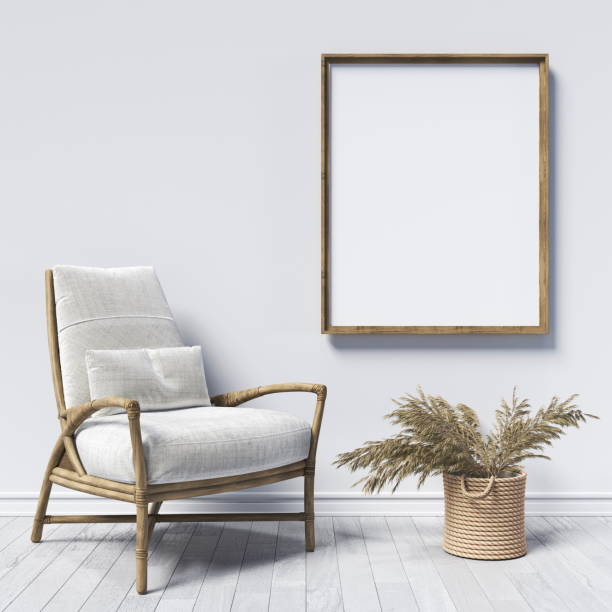 istock Mock up poster frames with single armchair and dried plant 1402014301