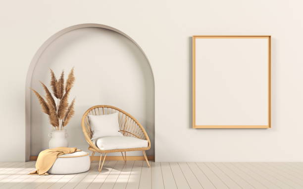 istock Mock up poster frames with rattan armchair and niche 1402014361