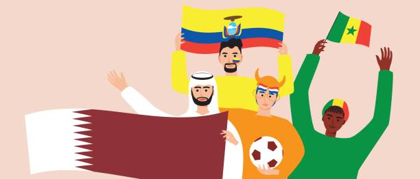 football fans with flag of qatar, ecuador, senegal, netherlands. - qatar senegal 幅插畫檔、美工圖案、卡通及圖標