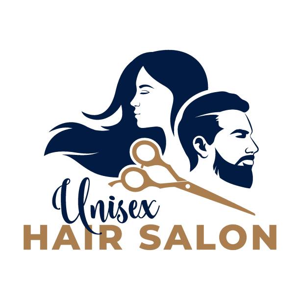 ilustrações, clipart, desenhos animados e ícones de logotipo de salão de beleza unissex. - hairstyle profile human face sign