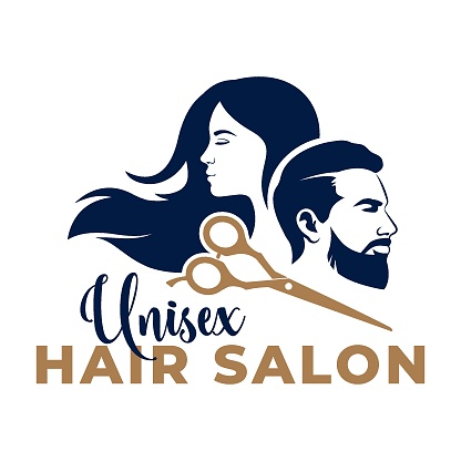 Icon man, woman, and scissors. Unisex hair salon logotype.