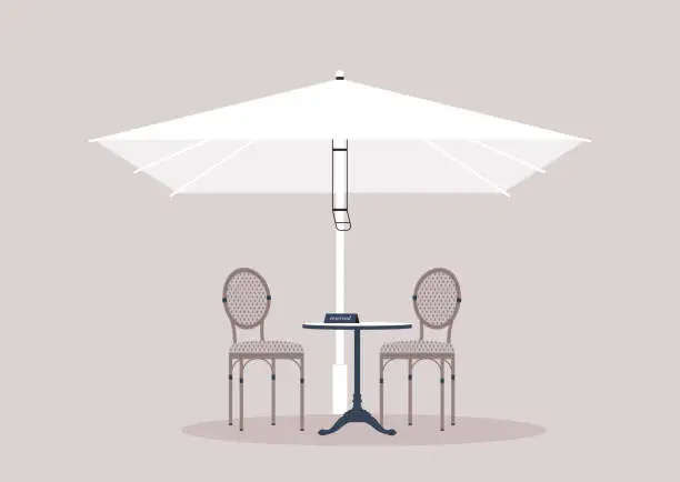 Vector illustration of A garden outdoor cafe with a white parasol and rattan chairs, cozy french furniture