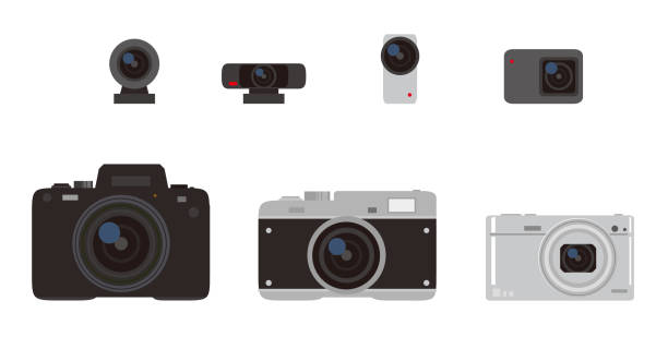 ilustraciones, imágenes clip art, dibujos animados e iconos de stock de conjunto de iconos de dispositivo de cámara - cámara digital