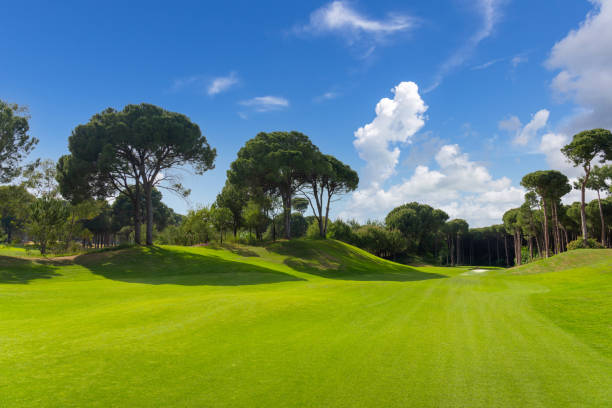 panorama del campo da golf con un bellissimo cielo. vista del paesaggio del campo da golf in turchia belek - golf landscape golf course tree foto e immagini stock