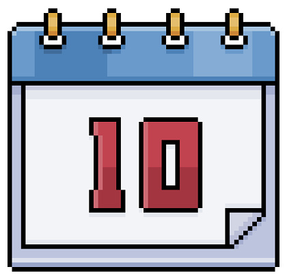 Pixel art calendar with date 10. Day 10. Holiday day 10 vector icon for 8bit game on white background