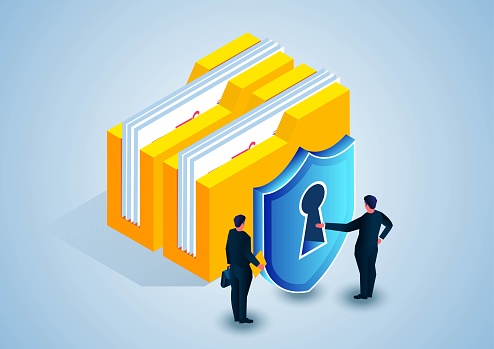Isometric folder and shield, document privacy and business data security
