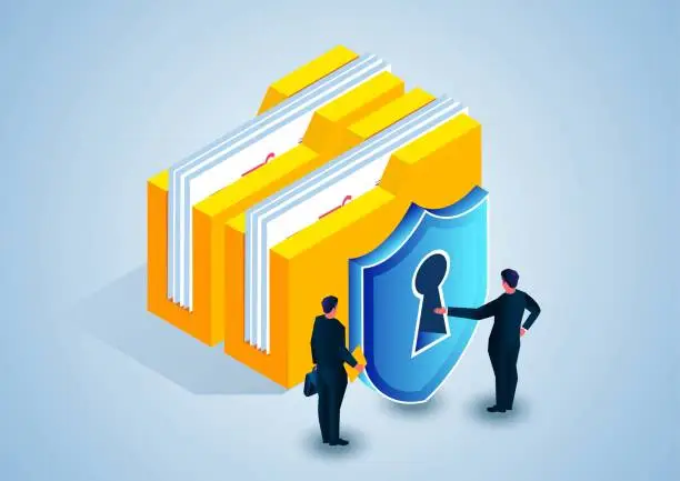 Vector illustration of Isometric folder and shield, document privacy and business data security