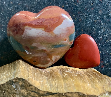 Rocks rock: polychrome desert jasper and red jasper heart on tiger’s eye slab