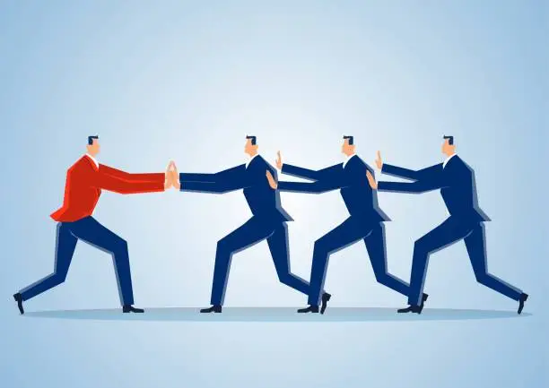 Vector illustration of A businessman and three businessmen in power confrontation push each other, conflict and fight