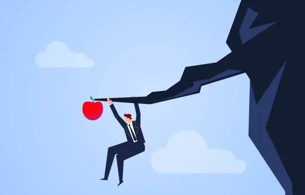 Vector illustration of Businessman risking climbing a cliff to pick a big apple growing on a branch of a cliff, seeking great wealth and opportunity in danger, business concept illustration