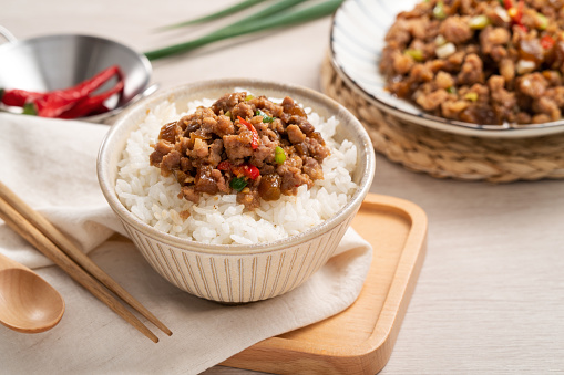Fried minced pork with pickled cucumber on rice named GUA ZI ROU FAN, delicious traditional food in Taiwan.