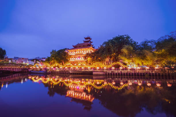 Beautiful blue hour at Phap Hoa Pagoda, one of the most beautiful pagoda in Ho Chi Minh city, people often come here to drop lanterns on festivals or Vesak day. stock photo