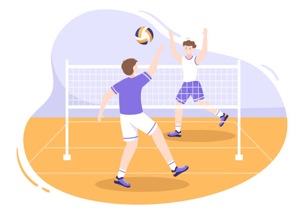 ilustrações de stock, clip art, desenhos animados e ícones de volleyball player on the attack for sport competition series indoor in flat cartoon illustration - beach body ball volleyball