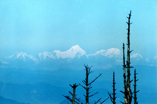 Overlooking famous Gongga Snow Mountain at the top of Mount Emei.Film photo in1990s,Mount Emei,Sichuan