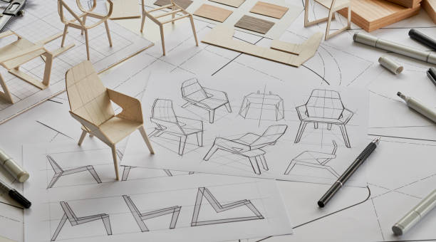 istock Designer sketching drawing design development product plan draft chair armchair Wingback Interior furniture prototype manufacturing production. designer studio concept . 1402046584
