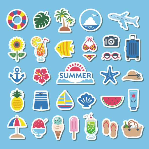 ilustraciones, imágenes clip art, dibujos animados e iconos de stock de conjunto de ilustraciones de viajes de verano - suitcase label travel luggage