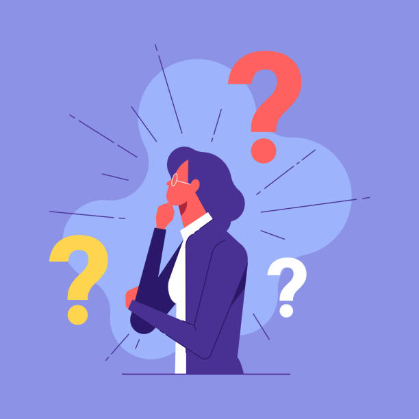 Having a question vector concept Person having a question. A female character, standing in a pensive pose, holds her chin and question marks above her head woman thinking stock illustrations
