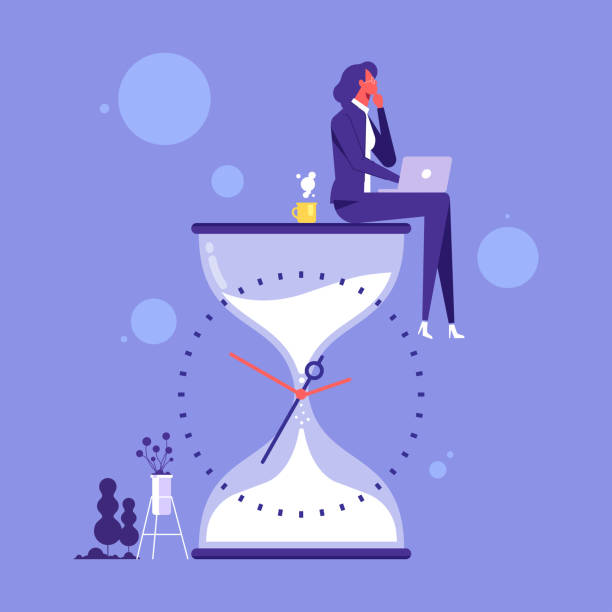 Deadline or time management vector illustration concept Businesswoman sitting and thinking on hourglass. Wasting time. Too much thinking. Deadline or time management vector illustration concept patience illustration stock illustrations