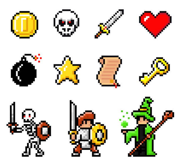 ilustrații de stoc cu colecție de elemente de joc pixel, simboluri, personaje, eroi pe 8 biți, obiecte, stil de joc al anilor '80 - pixel art