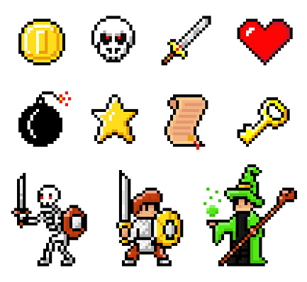 Set of coin, monster head, sword, heart, bomb, star, scroll, key, skeleton, knight with swords and shields, wizard portrait. Pixel elements, heroes 8bit objects. Videogame of 80s isolated at white
