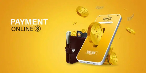 Vector illustration of online payment via mobile phone.Coin drop in smartphone on yellow background. Shopping through your smartphone without having to carry cash. Pay online through an online wallet on your smartphone.