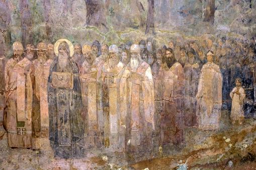 Kiev, Ukraine - May 20, 2022: Saints council. Fragment of historical picture near Pechersk Lavra monastery