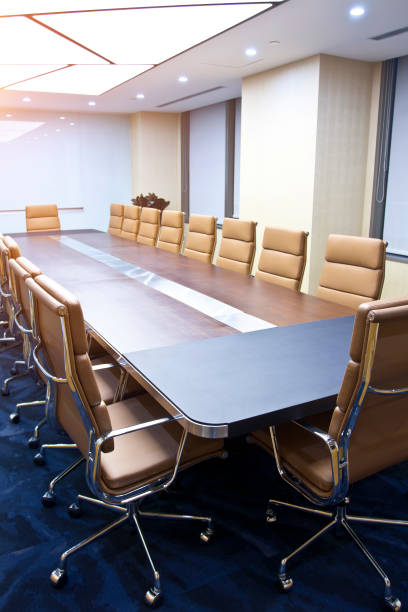 small empty office meeting room chair table - board room business conference table window imagens e fotografias de stock