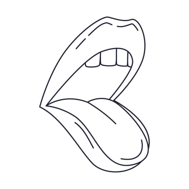 ilustraciones, imágenes clip art, dibujos animados e iconos de stock de mujer hablando, cantando o gritando boca abierta. muestra la lengua. labios humanos. garabato de contorno. ilustración vectorial en blanco y negro aislada sobre fondo blanco - mouth open illustrations