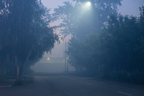 estrada na cidade em uma noite escura com neblina pesada, iluminada por luzes de rua led - spooky horror nostalgia autumn - fotografias e filmes do acervo