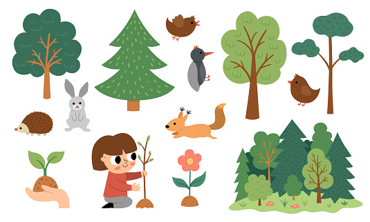 Vector forest set with girl seeding plant, trees, animals, birds. Deforestation or ecological awareness collection. Cute planting tree concept. Earth day or healthy eco friendly illustration