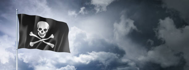 istock Pirate flag, Jolly Roger on a cloudy sky 1402063683