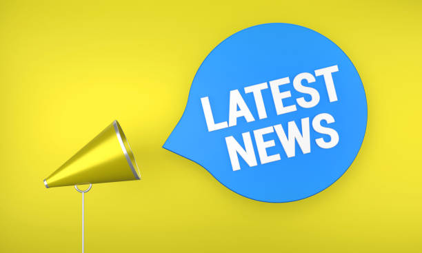Yellow Megaphone and Latest News Message On Blue Speech Bubble. Connection and Communication Concept.
