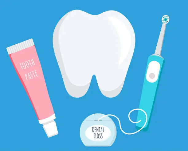 Vector illustration of Oral and teeth care conception. Set of dental cleaning tools. Electric toothbrush and toothpaste, dental floss. Dental hygiene.