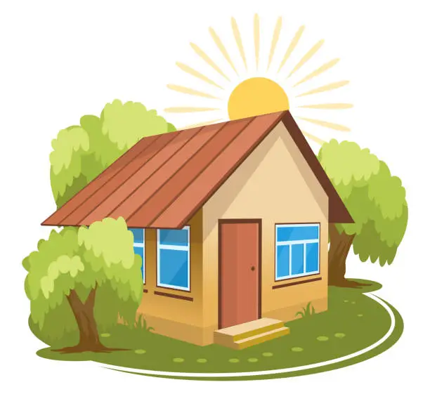 Vector illustration of Summer landscape. House surrounded by trees