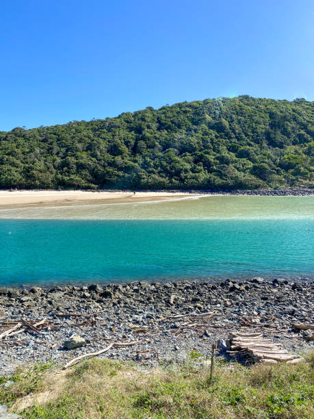 istock Looking out at the beach over some dark bolder rocks into the blue pacific ocean.  Burleigh Headland in the distance.  Blue skies above.  Tallebudgera Creek Gold Coast Queensland Australia. 1402068182