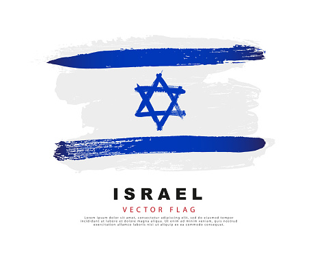 Flag of Israel. Blue and white brush strokes, hand drawn. Vector illustration isolated on white background. Colorful Israeli flag logo.