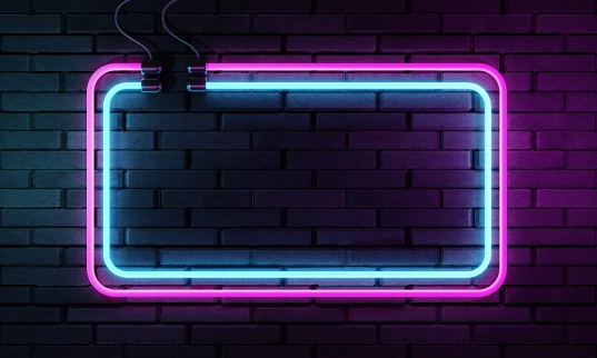 Neon sign banner with copy space on retro brick wall background. Abstract art and object concept. 3D illustration rendering