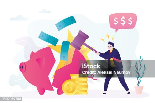 istock Businessman with hammer breaks piggy bank to use savings. Concept of return on investment or debt repayment 1402069788