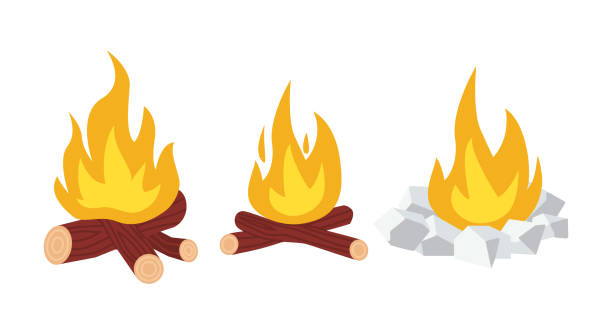 lagerfeuer mit brennenden holzstämmen und camping-steinkamin - fire pit fire camping burning stock-grafiken, -clipart, -cartoons und -symbole