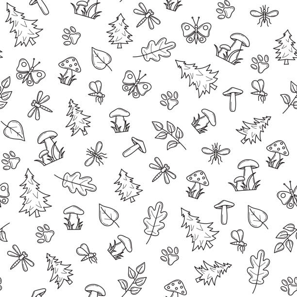 Autumn forest seamless pattern with mushrooms and plant elements in doodle style Autumn forest seamless pattern with mushrooms and plant elements in doodle style. Texture for fabric, wrapping, textile, wallpaper, apparel. Continuous nature print in sketch. Line vector illustration dragonfly drawing stock illustrations