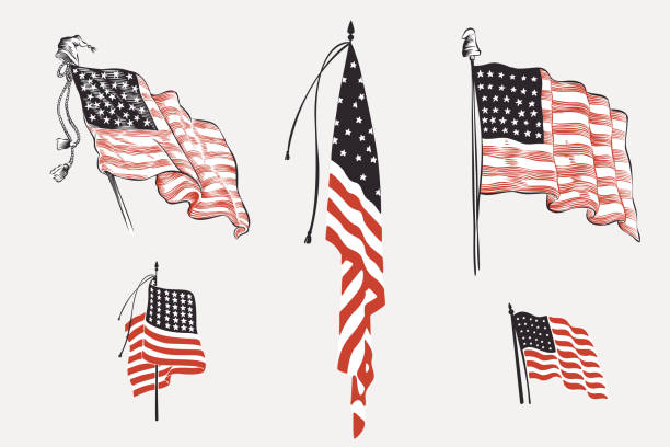 Vector clipart with American flags. Illustration of US history and 4th of July celebration in engraving style. Perfect for independence day cards, invitations, banners. vintage american flag stock illustrations