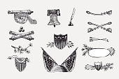 Vector clipart with American flags, bell, cannon, ribbon, saber, and shields. Illustration of US history and 4th of July in engraving style.
