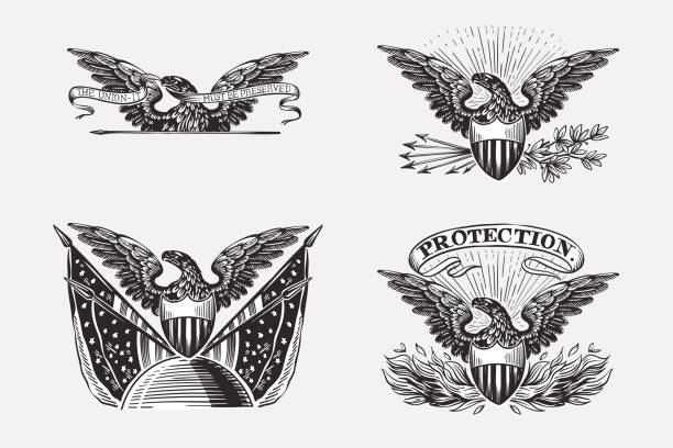 vector eagles set with the flags, globe, arrows, shield and ribbon. illustration of us history and 4th of july celebration in engraving style. - eagles stock illustrations