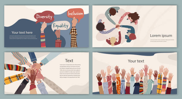 Volunteer people concept web page banner poster editable template. Raised arms and hands up multiethnic people. Multicultural people in a circle with hands on top of each other top view vector art illustration