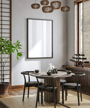 Home interior in japanese style, frame mockup in dining room background, 3d render