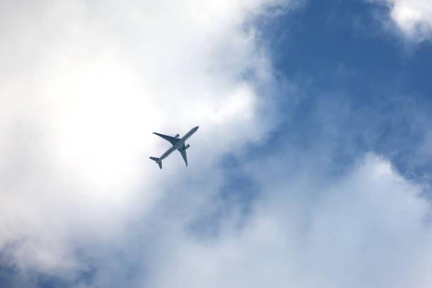 istock Airplane flying in blue sky with white clouds 1402073153