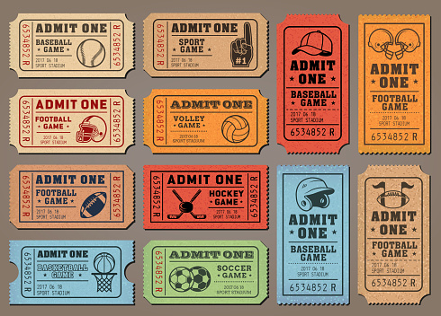 Mixed Sports Game tickets set. Full vector Retro illustration collection. Football, Soccer, Baseball, Volley, Hockey, Basketball Admit One Tickets