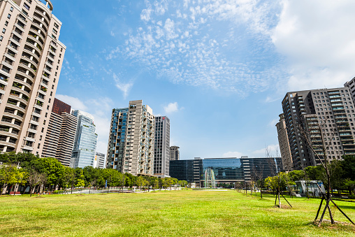 Taichung, Taiwan- October 7, 2021: The square and surrounding modern buildings view in front of Taichung City government, Taiwan. It is the highest-level local administrative agency in Taichung.