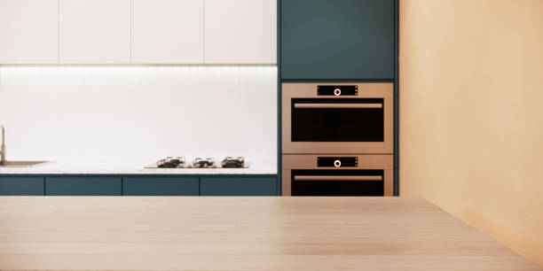 istock Japandi style kitchen interior design. modern apartment with furniture. 3d rendering background 1402079749