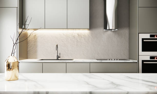 istock close-up marble table top in white modern kitchen interior design. mock up room apartment ideas. 3D rendering 1402079764